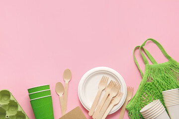 Eco composition with tableware on color background