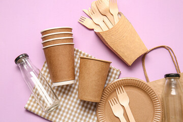 Eco composition with tableware on color background
