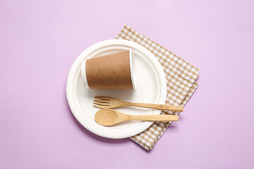 Eco tableware on color background