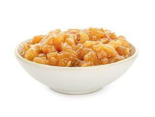 Bowl with sweet apple jam on white background