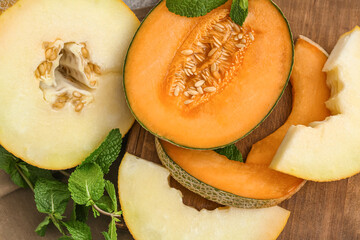 Board with sweet cut melon, closeup