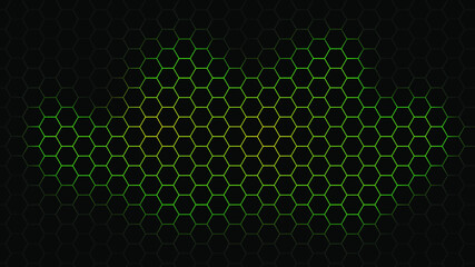 Yellow and green light Abstract hexagon black background