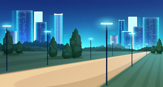 Summer city park panorama, vector background. City park at night. Night city panorama.