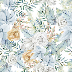Watercolor blue and white floral seamless pattern with flower bouquet. Golden Rose, greenery branch, pampas grass, wild floral. Boho background.