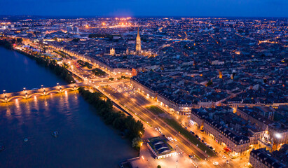 Night aerial view of historic centre of Bordeaux. France