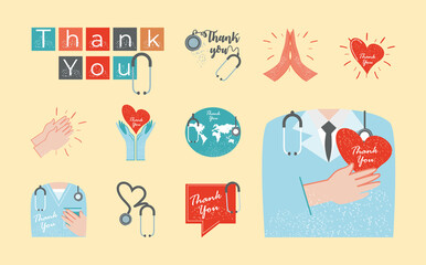 thanks you, icons set heart hands world doctor