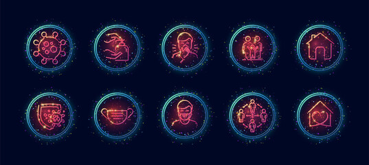 Fototapeta na wymiar 10 in 1 vector icons set related to corona virus medical theme. Lineart vector icons in geometric neon glow style with particles isolated on background.