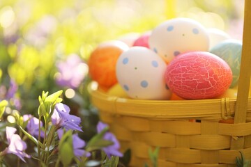 Easter holiday.Easter eggs in a yellow basket in purple spring flowers on a  spring garden background in the morning sun.Spring festive easter background.Spring Religious Holiday Symbol