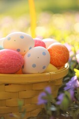 Easter holiday.Easter eggs in a yellow basket in  spring flowers on a blurred spring garden background in the morning sun.Spring festive easter background.Spring Religious Holiday Symbol