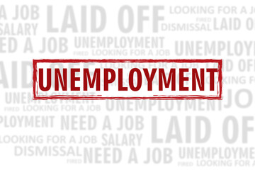 The red word Unemployment on a gray background. The collapse of the labor market. Mass layoffs. Lack of jobs. The loss of a job. Dismissal of employees.