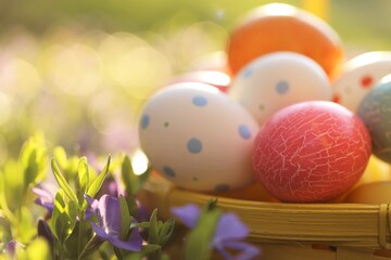 Fototapeta na wymiar Easter holiday.Easter eggs in a yellow basket in purple spring flowers on a blurred spring garden background in the morning sun.Spring festive easter background.Spring Religious Symbol