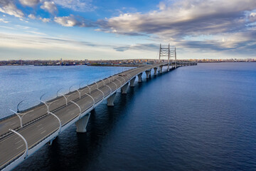 Saint-Petersburg. Travel to Russia. Cable-stayed bridge. Bridges of Petersburg. The highway passes over a bridge over the water. Obukhov bridge. Travel, voyage. City transport infrastructure.