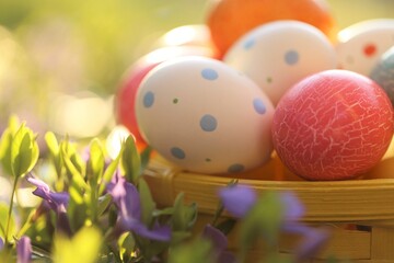 Fototapeta na wymiar Easter holiday.Easter eggs in a yellow basket in purple spring flowers on a blurred garden background .Spring festive easter background.Spring Religious Holiday Symbol