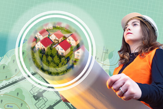 Cadastral engineer with drawings on the background of a cottage village. A girl in a construction helmet and an orange vest. Private houses with red roofs on the background of the cadastral map.