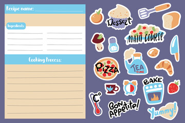 Recipe card template and food cooking stickers. Playful cook book page vertical format A5 size.