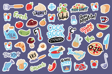 Food cooking stickers, vector illustration with white outline. Doodle objects and lettering stickers for cook book