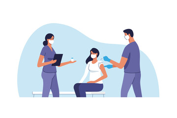 Coronavirus vaccination. Woman getting vaccinated against Covid-19 in hospital. Doctor giving Corona virus vaccine injection injecting patient. Vector illustration.