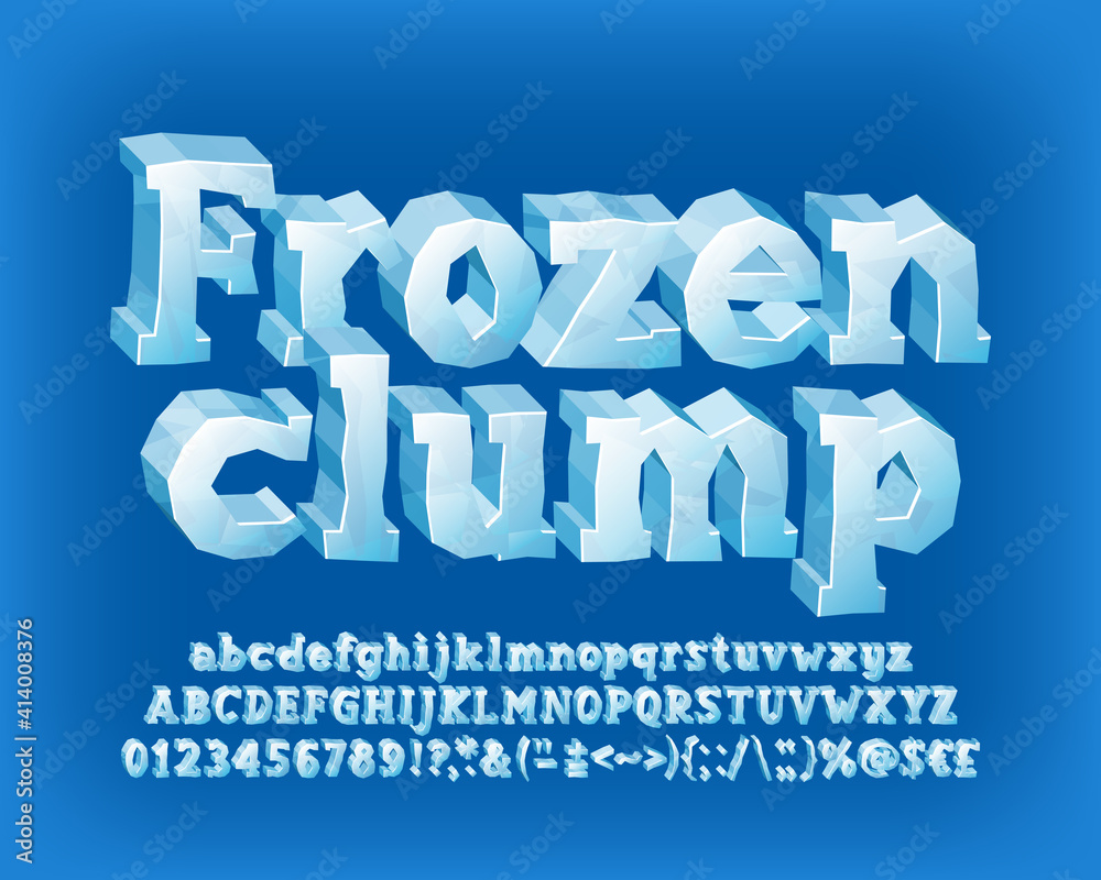 Fototapete frozen clump alphabet font. 3d cartoon ice letters, numbers and symbols. uppercase and lowercase. st