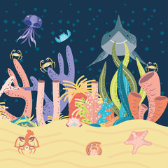 Fototapeta na wymiar shark jellyfish crabs coral sea life underwater world