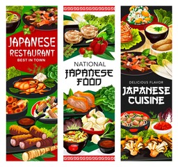 Japanese food restaurant dishes banners. Burdock root, yellowtail fish and pork fried in miso, temari sushi, roast chicken with peppers and turnip salad, ginkgo rice, mashed yams and mushrooms vector
