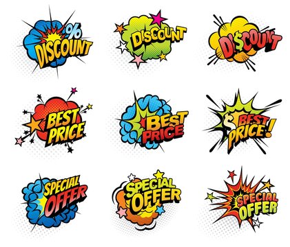 Shopping sale special offer pop art bang or explosion bubbles. Shop discounts, best price and special seasonal offers retro comic icons or vintage promo stickers with blast, burst effects vector