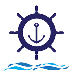 Nautical navy cruise sign. Ship steering wheel with anchor and wave vector logo design.