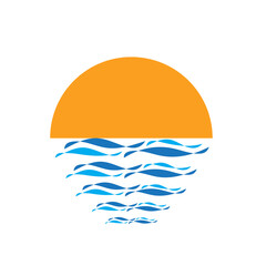 Sun logo with blue waves. Sunset creative icon. Vector illustration design.