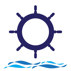 Nautical navy cruise sign. Ship steering wheel and wave vector logo design.
