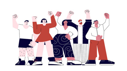 Male and Female protesters standing together with Fists hands up. Multiracial crowd of people on demonstration isolated on white background. Flat Art Vector illustration