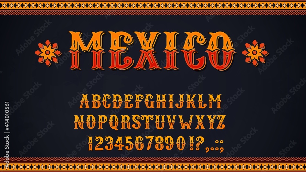 Poster mexican font of vector alphabet letters and numbers. mexico ethnic type of uppercase characters, dig