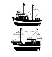 Silhouette of the Fishing Boat, Side View, Commercial Fishing Trawler, Industrial Seafood Production, Water Transport, Sea or Ocean Transportation Vector Illustration