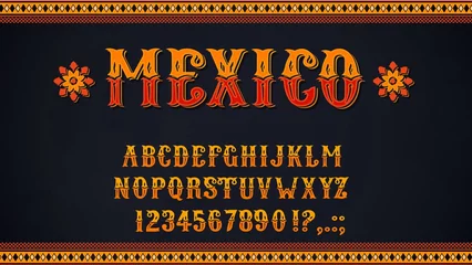 Fotobehang Mexican font of vector alphabet letters and numbers. Mexico ethnic type of uppercase characters, digits and punctuation marks, decorated with marigold flowers and Latin American folk patterns © Vector Tradition