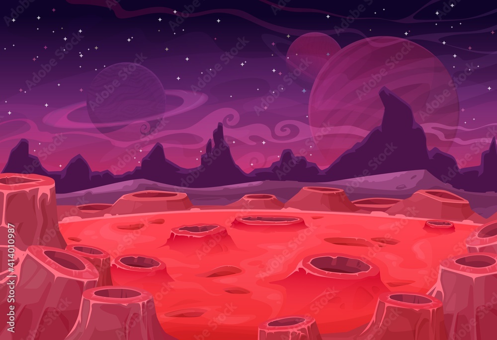Poster alien planet vector landscape, red mars land surface with craters and saturn or jupiter in purple st