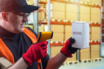Reading a barcode from a cardboard box. Inventory of the warehouse. Recalculating the product in...