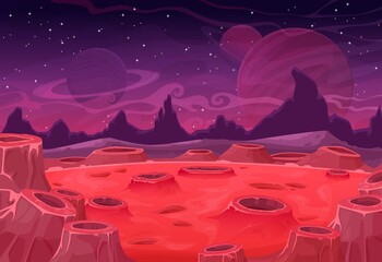 Alien planet vector landscape, red Mars land surface with craters and Saturn or Jupiter in purple starry sky. Fantasy nature background, martian extraterrestrial computer game scene, cartoon backdrop © Vector Tradition