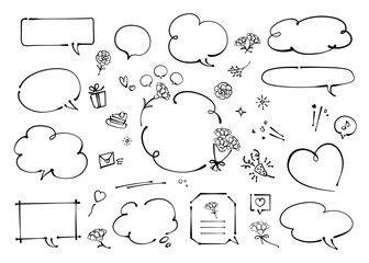 母の日イメージの吹き出しセット ペン画、墨だまり線（線画黒、文字無し）