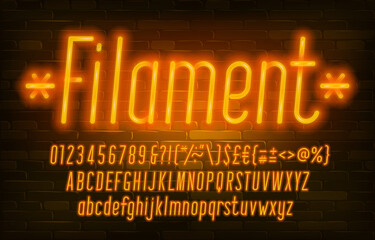 Filament alphabet font. Neon light simple letters, numbers and punctuation. Uppercase and lowercase. Stock vector typescript for your design.