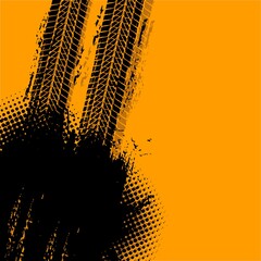 Offroad grunge vector tyre prints with dirty dotted black spot on yellow background. Automobile protector track, rally trace, motocross tires pattern, off road grungy trails with stain textured design © Vector Tradition