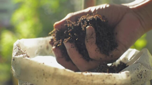 Male farmer scoop organic compost soil by hand from plastic bag and touching to check the quality before planting. Agriculture and cultivation concept.