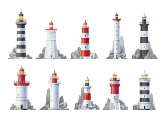 Nautical lighthouse buildings isolated vector icons. Sea beacon light towers and ocean coast beach houses with safety guide beams, seaside shore and harbor hill rocks, marine travel, navigation design