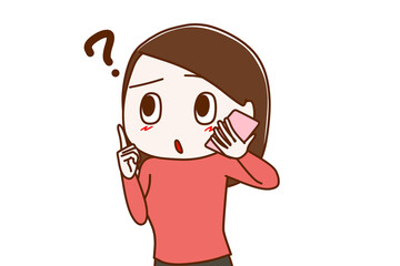 スマホで疑問に思いながら話す女性