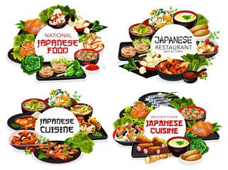Japanese cuisine restaurant meals round banners. Japanese food dishes with seafood, roast chicken and pork meat, root vegetables salads, meals with enoki mushrooms, miso sauce and fried tofu vector