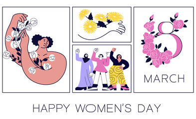 Happy Women's Day flyer, poster. Social media banner with women celebrating spring holidays with flowers. March 8 poster template or greeting card design. Flat Art Vector illustration