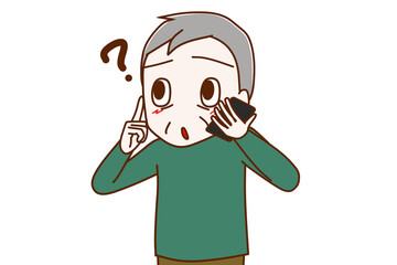 スマホで疑問に思いながら話す高齢の男性