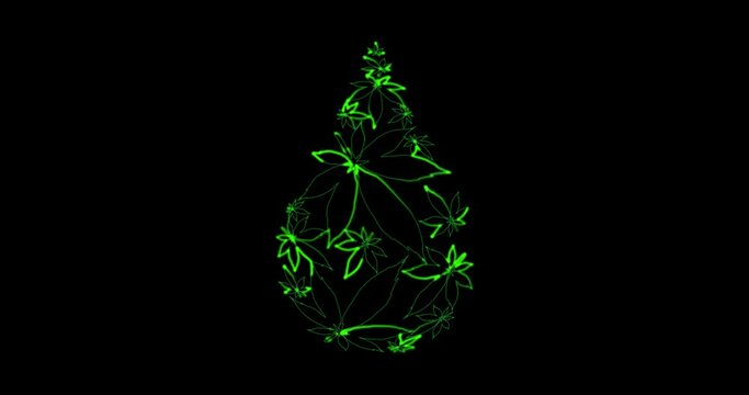 Droplet with cannabis leaves green neon animation