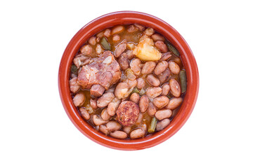 Stew of beans in a bowl. White isolated. Top view.