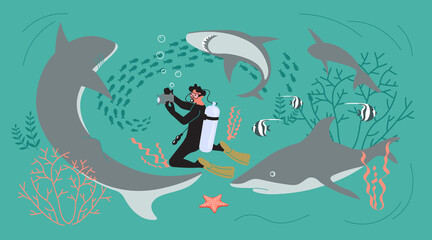 Scuba diving man on the sea bottom among sharks. Marine predators and underwater photographer. Flat Art Vector illustration