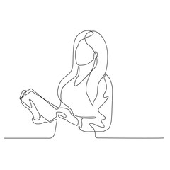 Continuous One Line Drawing of Woman with Book. One Line Illustration. Female Line Abstract Portrait. Minimalist Contour Drawing. Vector EPS 10