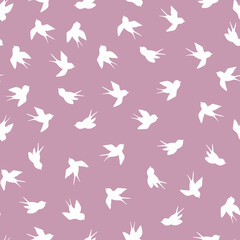 Seamless pattern with white swallow silhouette on pink background. Cute bird in flight. Vector illustration. Doodle style. Design for invitation, poster, card, fabric, textile.