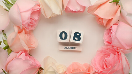 8 March Women's Day with pink roses decorated on white background